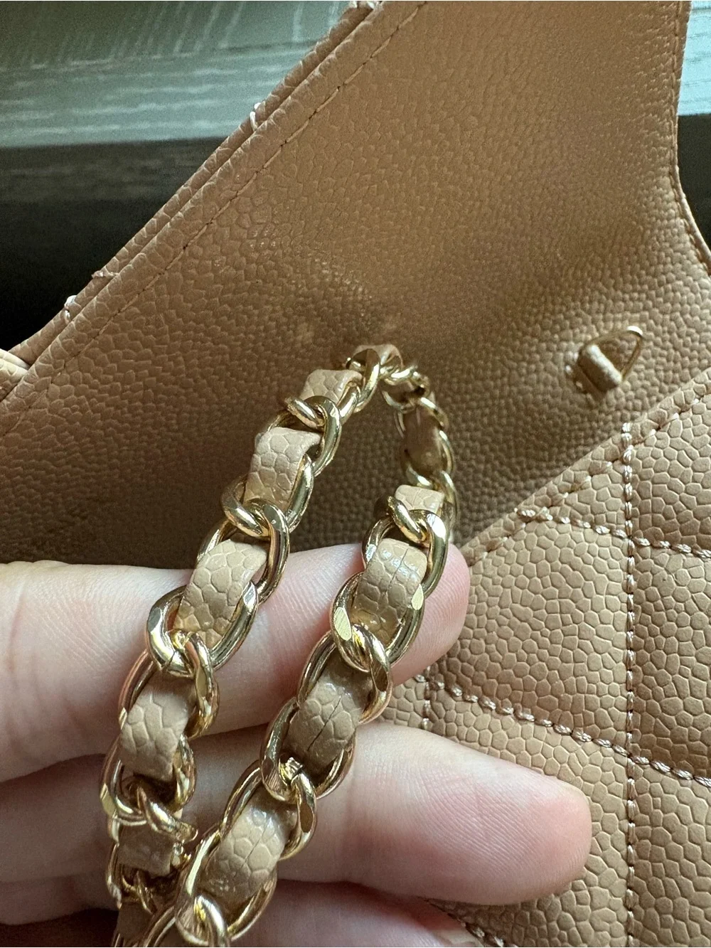 FASHION Quilted Leather Clutch with chain in  light Caramel with Gold Hardware